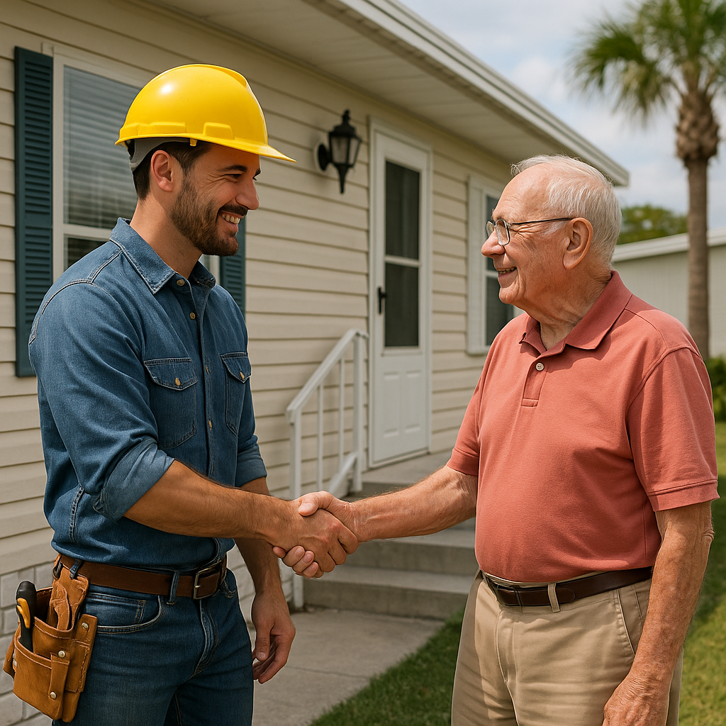 Contractor shaking homeowner's hand mobile home contractor